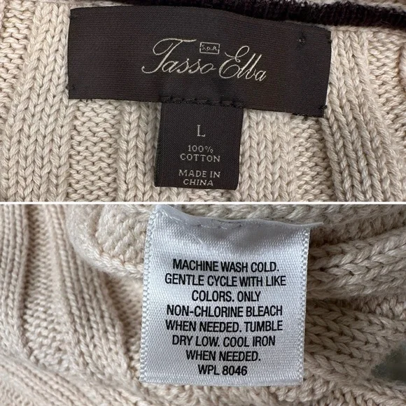 Tasso Elba Men Beige Cable Knit Sweater 100% Cotton Vintage-Inspired Pullover L - Picture 7 of 12